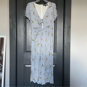 One Clothing mid calf blue and white striped with honeybee print jumpsuit size M